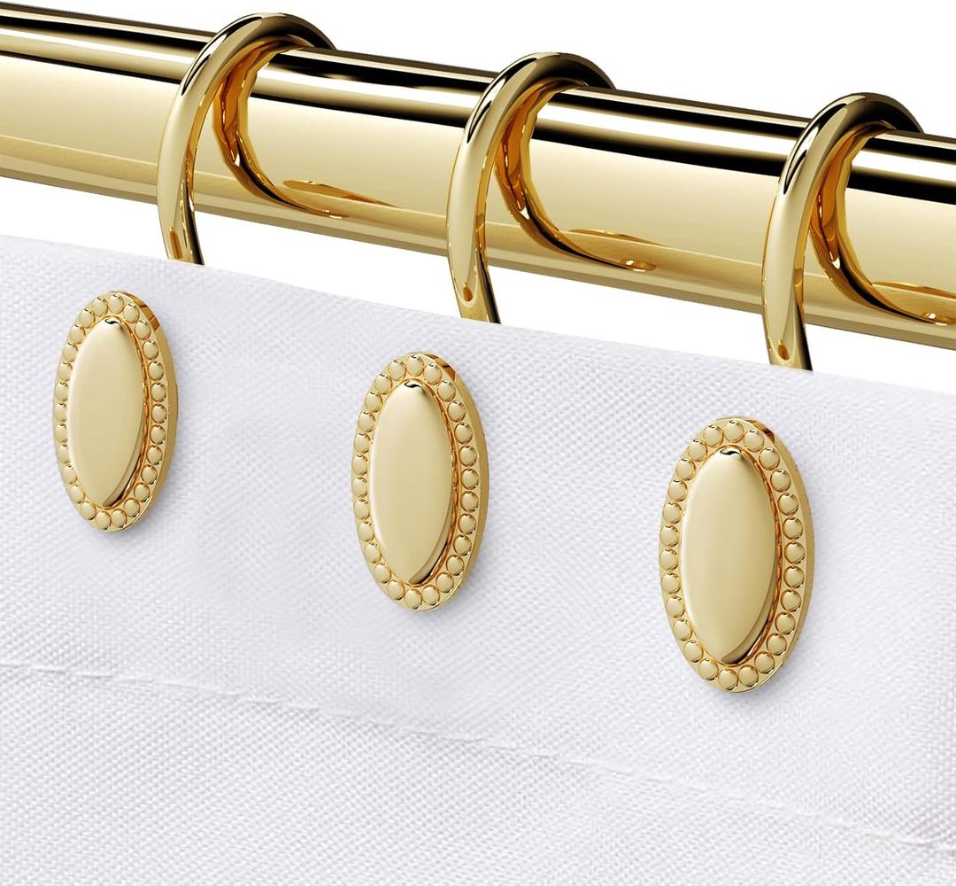iToplin Gold Shower Curtain Hooks, Set of 12, Rust Resistant, Heavy Duty, Decorative Acrylic Shower Curtain Rings