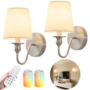 Battery Operated Wall Sconces set of Two,Rechargeable Wall Sconce with 1000mAh Dimmable Bulb and Remote,LED 15 Colors Wireless Battery Powered Wall Sconce with Fabric for Bedroom Living Room (Nickel)