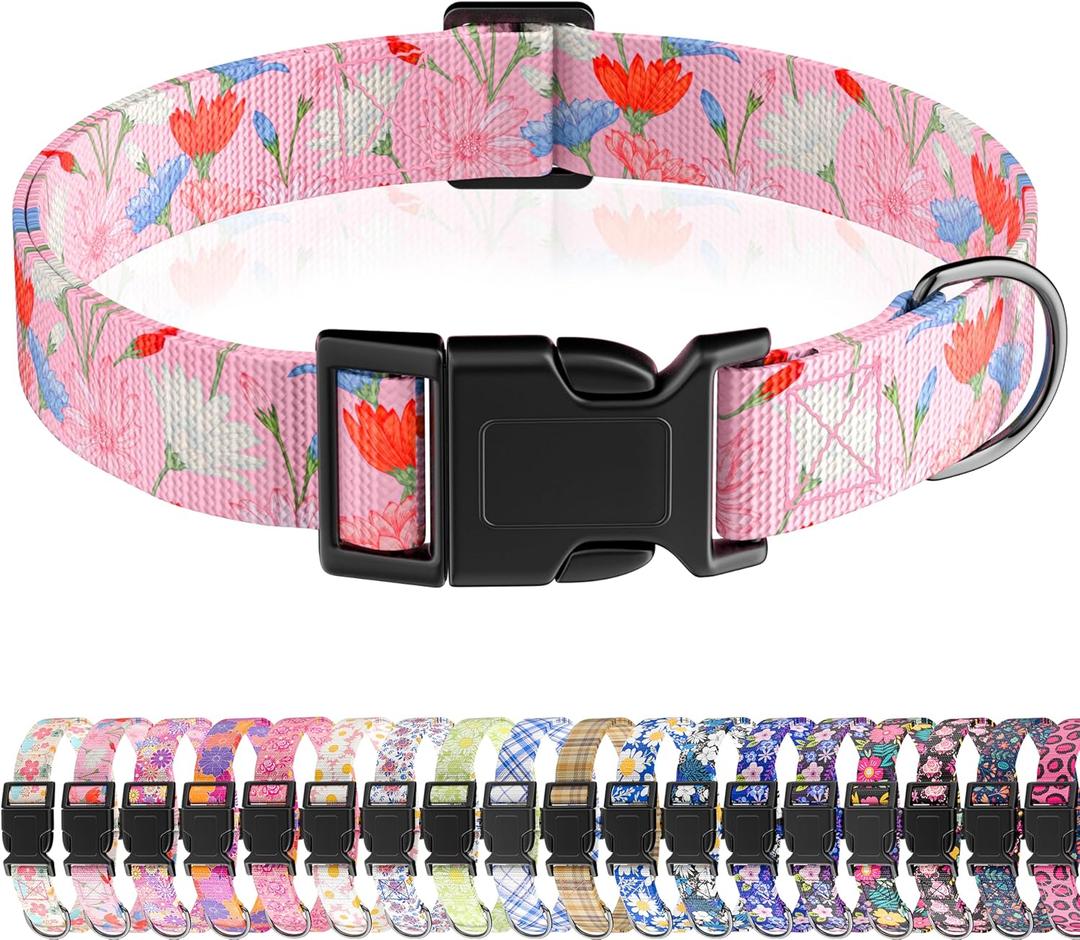 Dog Collar, Cute Floral Puppy Collar for Boys Girls Small Medium Large Dogs, Adjustable Soft Pet Collar Fancy Flower with Quick Release Buckle for Males Females, Pink Floral,S (Small(Neck 10-16", Width 3/4"))