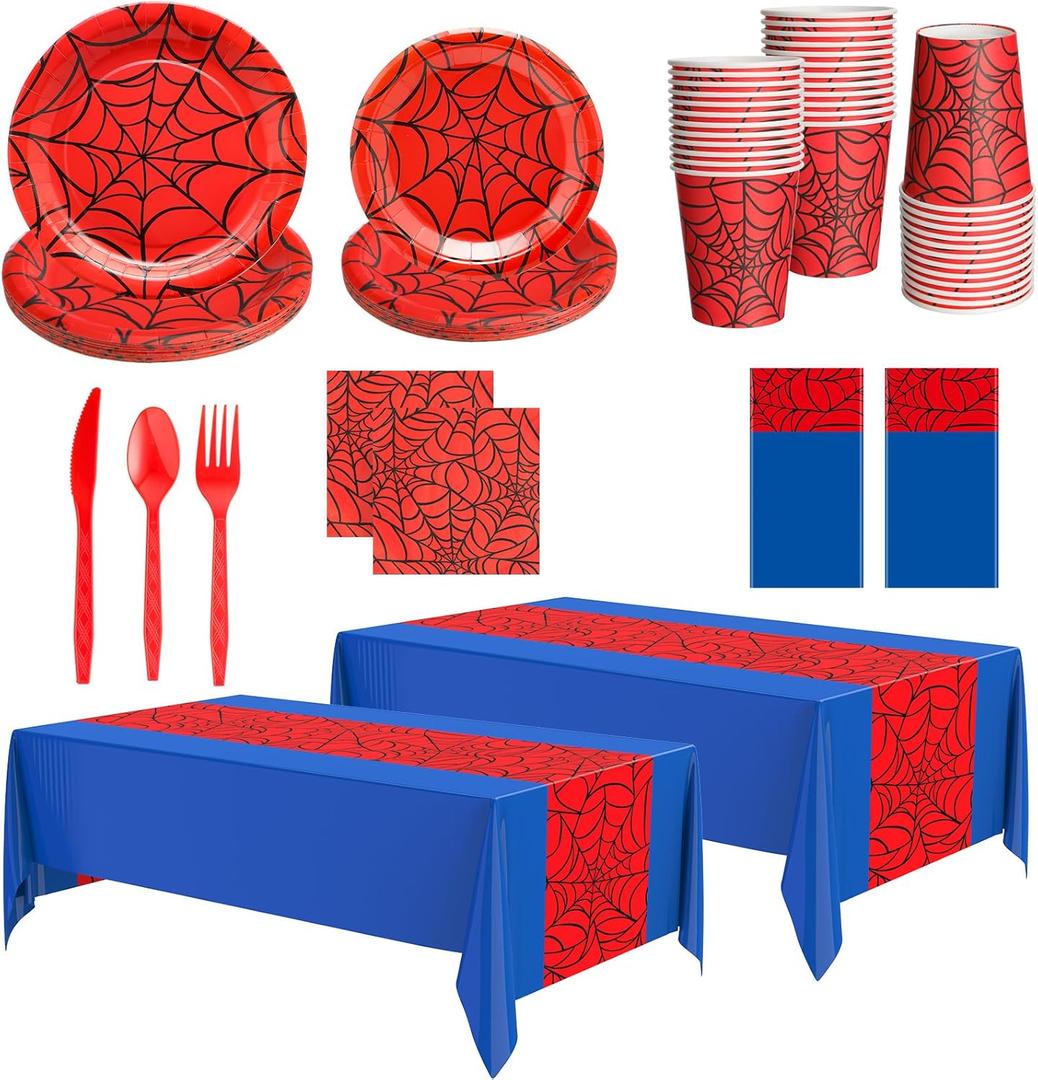 Oudain 162 Spider Birthday Party Decoration Supplies Red Blue Disposable Rectangular Spider Web Tablecloth Paper Plates Napkins Cups Set Plastic Dinner Tableware Forks Spoons Knifes