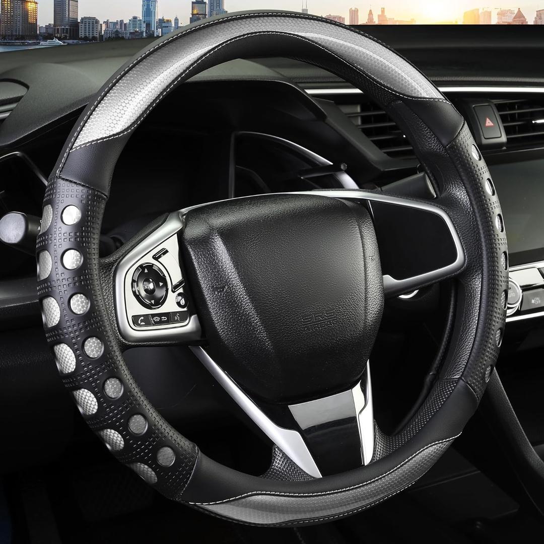 PU Leather Car Steering Wheel Cover with Anti-Slip Grip, for Women and Men, Universal Fit for 14.5-15 Inch Cars, Trucks, SUVs (Gray (Round), Medium(Standard) Size[14 1/2''-15''])