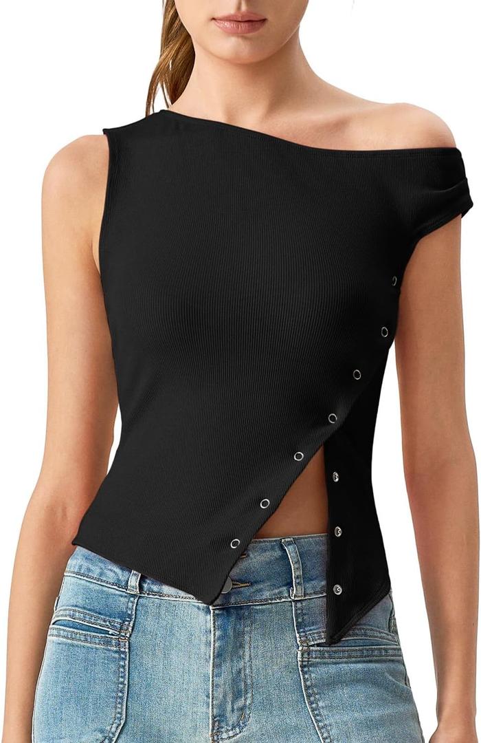 QINSEN Womens Off Shoulder Asymmetrical Tops Diagonal Button-up Closure Split Hem Cropped T Shirts Y2k Tank Top (Black, XL)