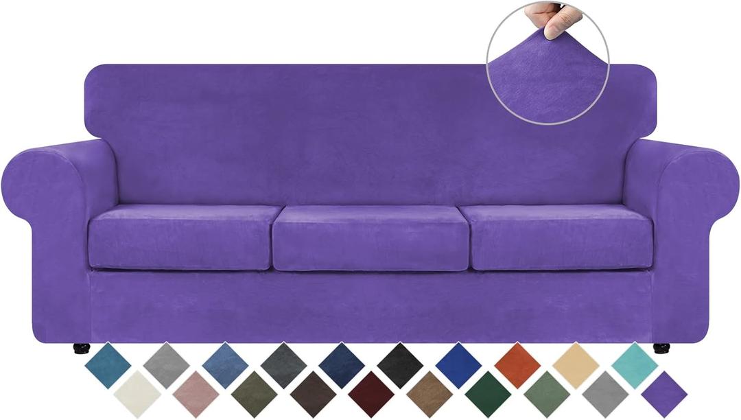 WEERRW 4 Pieces Velvet High Stretch Couch Covers for 3 Cushion Couch Sofa Slipcovers, Washable Furniture Protector with Non Slip Elastic Bottom, Feature Soft and Thick Plush Fabric, Purple, Large