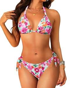 Women Halter Bikini Set - Two Piece Triangle Swimsuit Tie Bathing Suit 2025 Cute Swimwear Orange Colorful Floral Large
