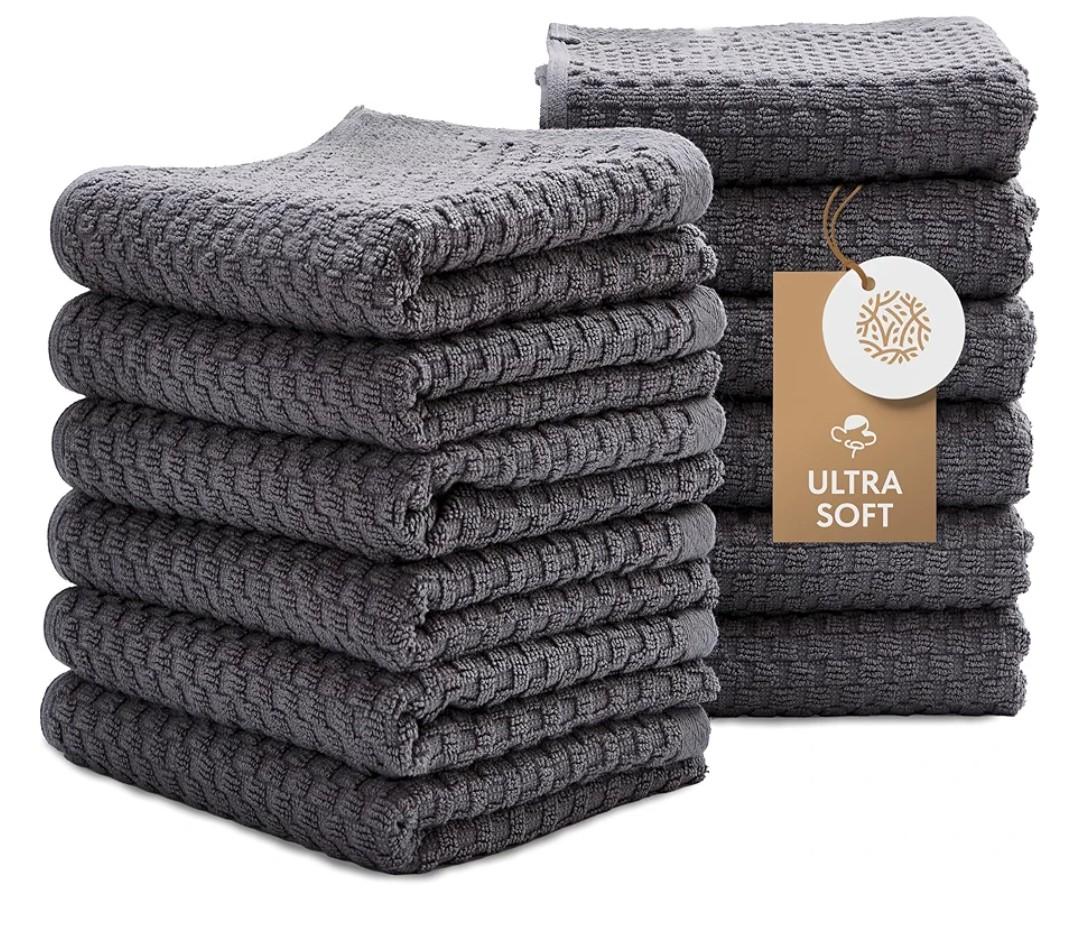 Wealuxe Super Absorbent Kitchen Towels 12 Pack - Premium 100% Cotton Kitchen Towels, 450GSM Thick Machine Washable Gray Dish Towels for Kitchen Drying, Cleaning, Dobby Weave, Unmatched Quality
