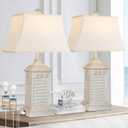 Hamucd Coastal Table Lamps Set of 2, Beach Living Lamps for Bedroom with USB A+C, Washed White Modern Resin LED 3-Color Temperature Bedside Nautical Decor, Nightstand Tropical Lamps for End Table.
