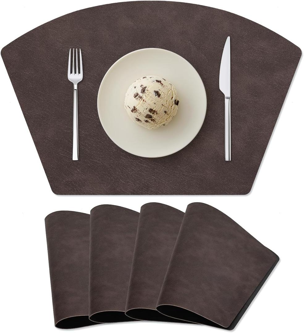 Placemats for Round Table Set of 4, Faux Leather Wedge Shaped Place Mats for Dining Table, Heat Resistant Washable Wipeable Table Mats Reversible, Dark Brown/Black