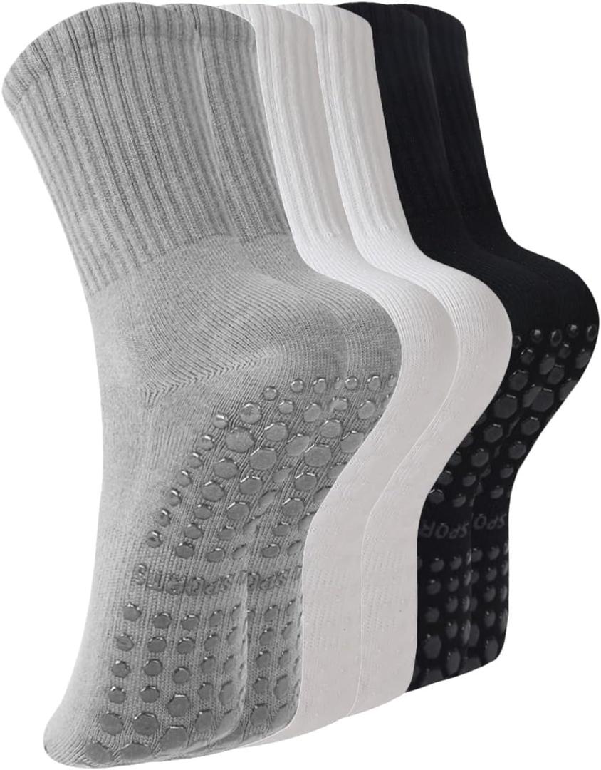 BONANGEL Pilates Socks with Grips for Women, 3 Pairs Womens Grippy Yoga Ballet Barre Hospital Gym Athletic Socks (5-9, 3pairs-black+white+grey)