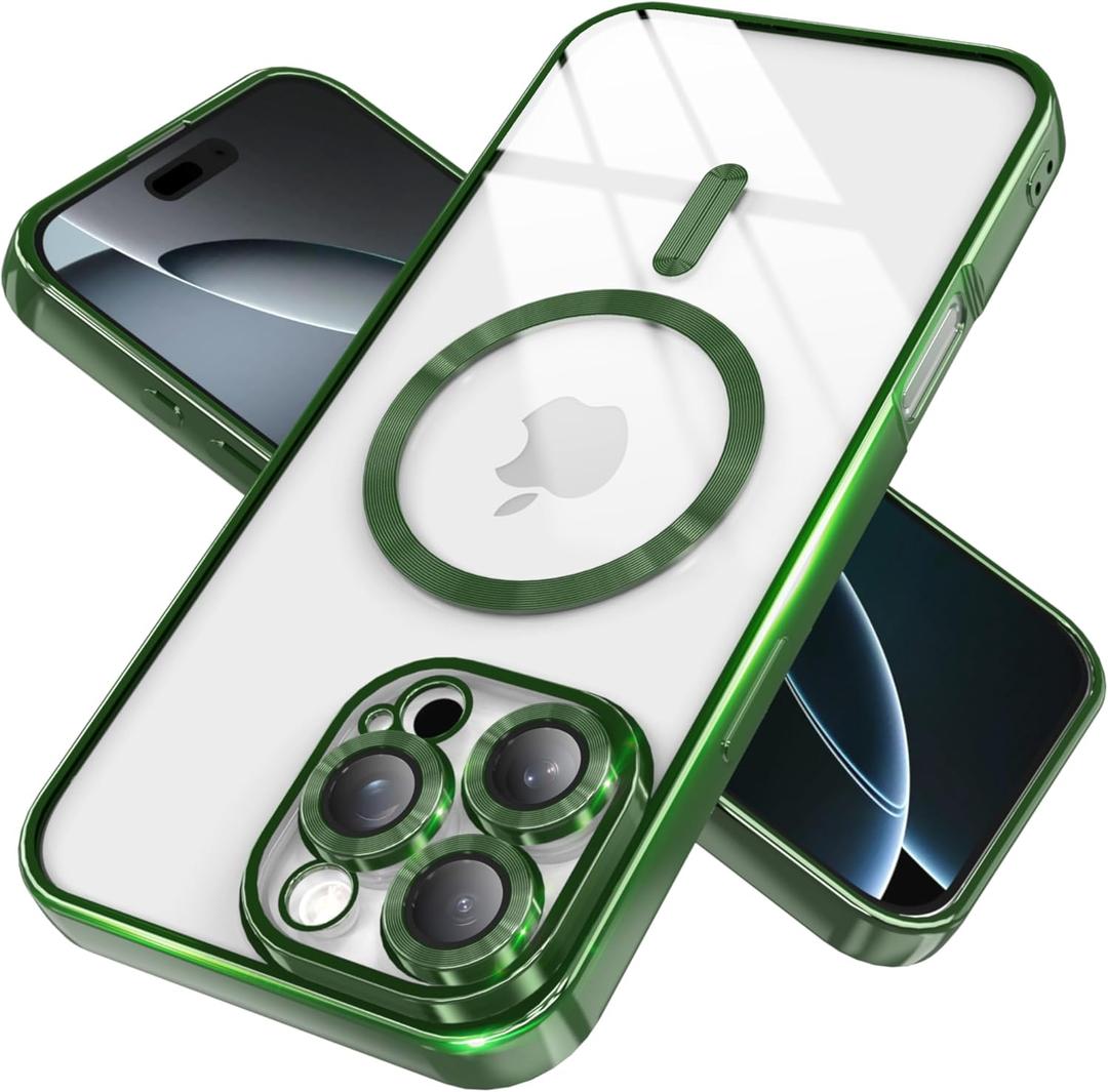 IAIYOXI Magnetic Clear Case for iPhone 17 Pro Max with Full Camera Lens Protection,Compatible with MagSafe,Plating Soft TPU Phone Case,Anti-Scratch Shockproof Slim Cover for Women Gilrs Men - Green
