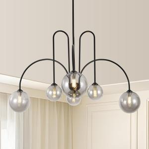 Black Sputnik Chandelier, 6 Light Mid Century Modern Chandeliers, Dining Room Chandeliers with Smoke Gray Glass Globe Shade, Globe Chandelier for Dining Room, Living Room, Bedroom, Kitchen