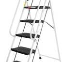 5 Step Ladder, Folding Step Stool with Handle,Tool Platform and Anti-Slip Pedal, Steel Ladder,Lightweight, Perfect for Home and Kitchen, White
