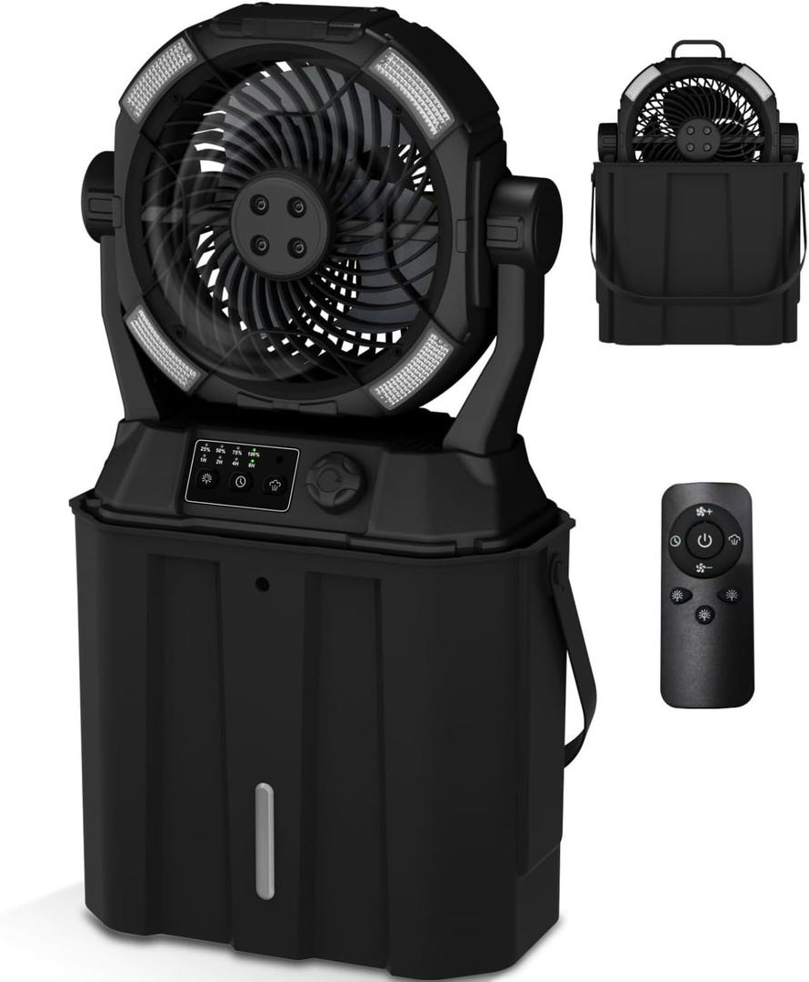 Misting Fan Portable Camping Fan 42800mAh Rechargeable with Remote Control, 3 LED Light & Stepless Speed Control & Cooling Spray with 6L Bucket, Timer Function, Portable Handle, Rotating Hanging Hook (Black)