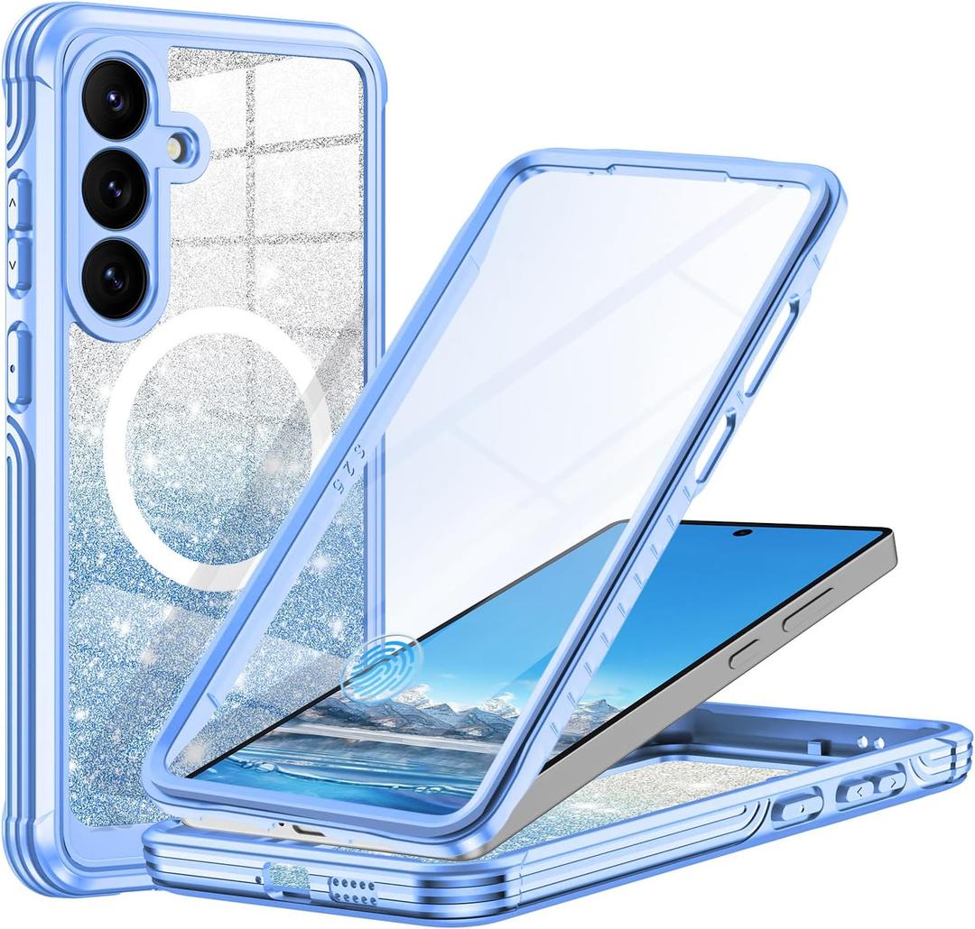 Hekodonk for Samsung Galaxy S25 Case Glitter,Compatible with MagSafe[Built-in Tempered Glass Screen Protector & Camera Lens Protection] Full Body Shockproof Protective Bling Phone Case,Blue
