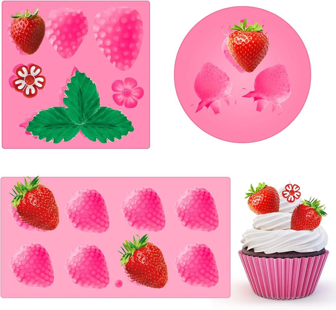 3 Pcs 3D Strawberry and Flowers Silicone Mold Strawberry Baking Mold Fruit Fondant Handmade Candy Jelly Bakeware for Baking Chocolate Pan Cake Kid Cupcake Soap Candle Clay Resin Wax Making