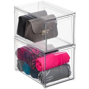 mDesign Plastic Stackable Closet Storage Organizer Bins with Pull Out Drawer for Cabinet, Desk, Shelf, Cupboard, or Dresser Organization - Lumiere Collection - 2 Pack - Clear