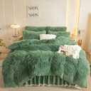 Faux Fur Sage Green Comforter Cover Queen Set, Soft Fluffy Shaggy Sage Green Bedding Queen Set 3 Pieces (1 Fuzzy Duvet Cover + 2 Plush Pillow Cases) Furry Bed Set, Zipper Closure