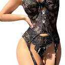 Women's Sexy Lace Lingerie Sets Plus Size Push Up Underwire Bodysuit with Garter Bel Small