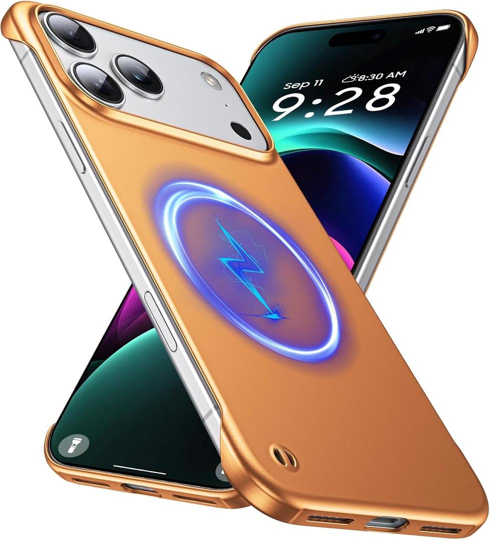 GRECAZO Magnetic Ultra Thin Frosted Designed for iPhone 17 Pro Frameless Case 6.3 inch [Compatible with MagSafe] Slim Minimalist Lightweight Matte Hard Cover Protective Borderless Case- Orange