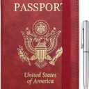 WALNEW Passport Holder for Travel, RFID Passport Cover Wallet for Women Men, PU Leather Passport Book Card Holder Case with Pen, Travelling Essentials for Flying