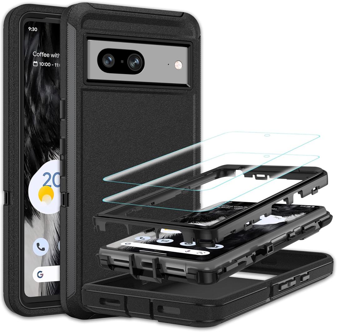 for Google Pixel 7 Case with [2 Pack] HD Screen Protector, [Military-Grade] Shockproof Dust/Drop Proof 3-Layer Full Body Protection Heavy Duty Case for Pixel 7, Black