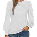 Simlakey Women Long Sleeve Shirt Dressy Casual Blouse 2025 Fall Fashion Pleated Top Trendy Loose Fit Crew Neck Basic Tee(White,L)