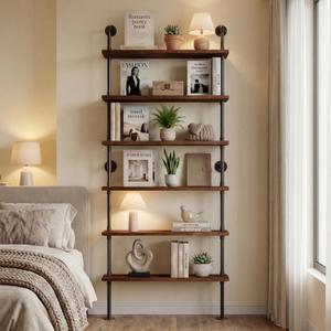 6 Tier Industrial Ladder Shelf Bookcase, Wall Mounted Rustic Bookshelf for Living Room Decor and Storage (Walnut Color, 6 Tier - 10" D x 36" W x 82.5" H)