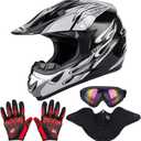 Adult Motocross Dirt Bike Helmet with Goggles, Gloves & Mask Dirt Bike ATV Helmet for Unisex-Adult Men Women Adjustable Sun Visor DOT/FMVSS-218 Off-Road Motorcycle Helmet UTV Helmet Downhill (Medium, New Black Flame)