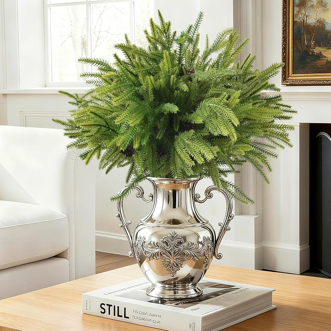 12 PCS Real Touch Christmas Norfolk Pine Stems Branches with 60PCS Pinecones, Soft Bendable Droopy Artificial Faux Pine Stems Picks Lifelike Greenery Stems for Vase Garland Wreath Table Home Decor