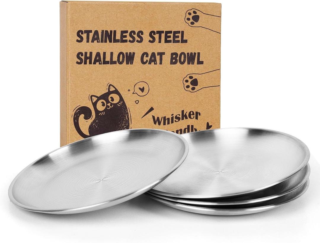 4-Pack Stainless Steel Cat Food Bowls, Shallow Whisker-Friendly Non-Slip Silicone Base Metal Dishes, Easy to Clean Indoor Feeding Flat Plates for Cat, Kitten, Small Dog (6.7")