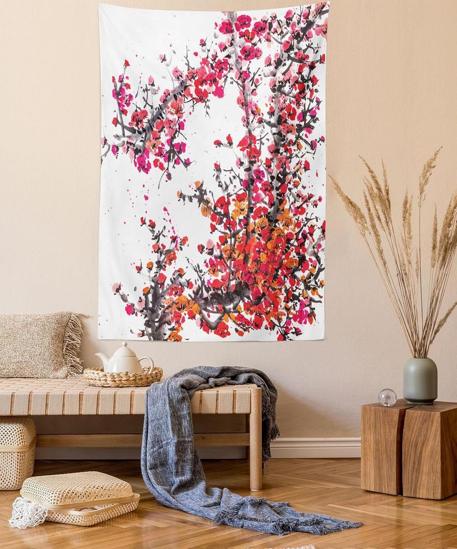 Lunarable Japanese Tapestry, Japanese Cherry Blossoms in Watercolor Brush Style Eastern Vibrant Oriental Art, Fabric Wall Hanging Decor for Bedroom Living Room Dorm, 23" X 28", Orange Red
