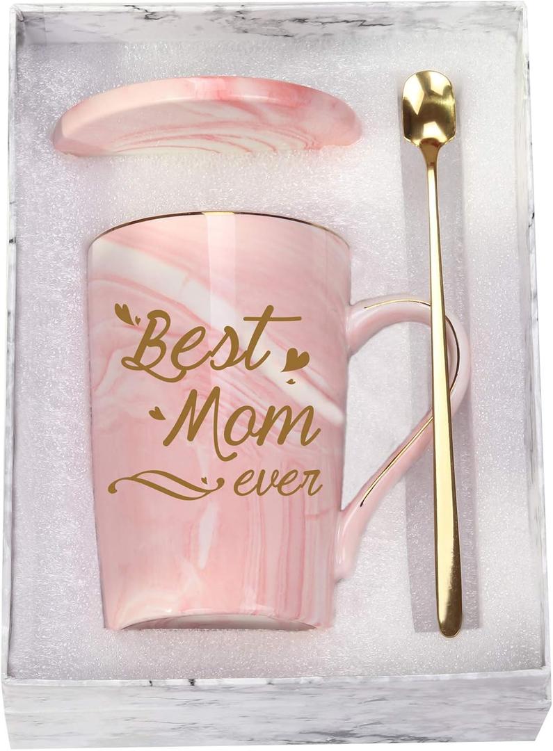 Best Mom Mug - Birthday and Mother's Day Gift from Daughter or Son - 14 Ounce Pink Mug with Spoon, Cup Mat, and Gift Box