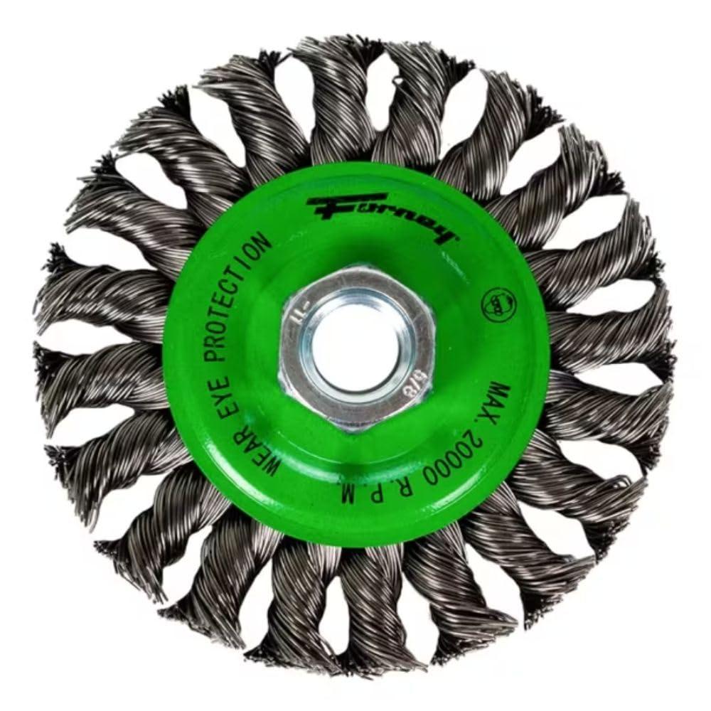 Forney 72749 Wire Wheel Brush, Twist Knot Crimped with 1/2-Inch and 5/8-Inch Arbor, 6-Inch-by-.020-Inch