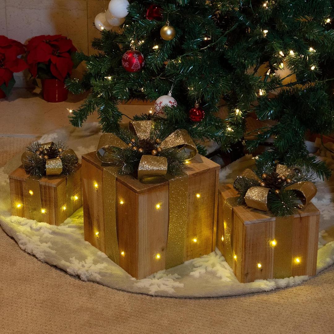 Alpine Corporation 3 Piece Wooden Gift Box Christmas Decor with LED Lights, Golden Ribbon