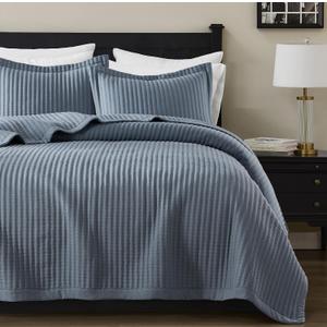 WDCOZY Dusty Blue King Size Quilt Set, Striped Pick Stitch Lightweight Bedspread, Soft Channel Farmhouse Rustic Coverlet, Spring Summer Thin Comforter, Country Bedding, 104x90 inches