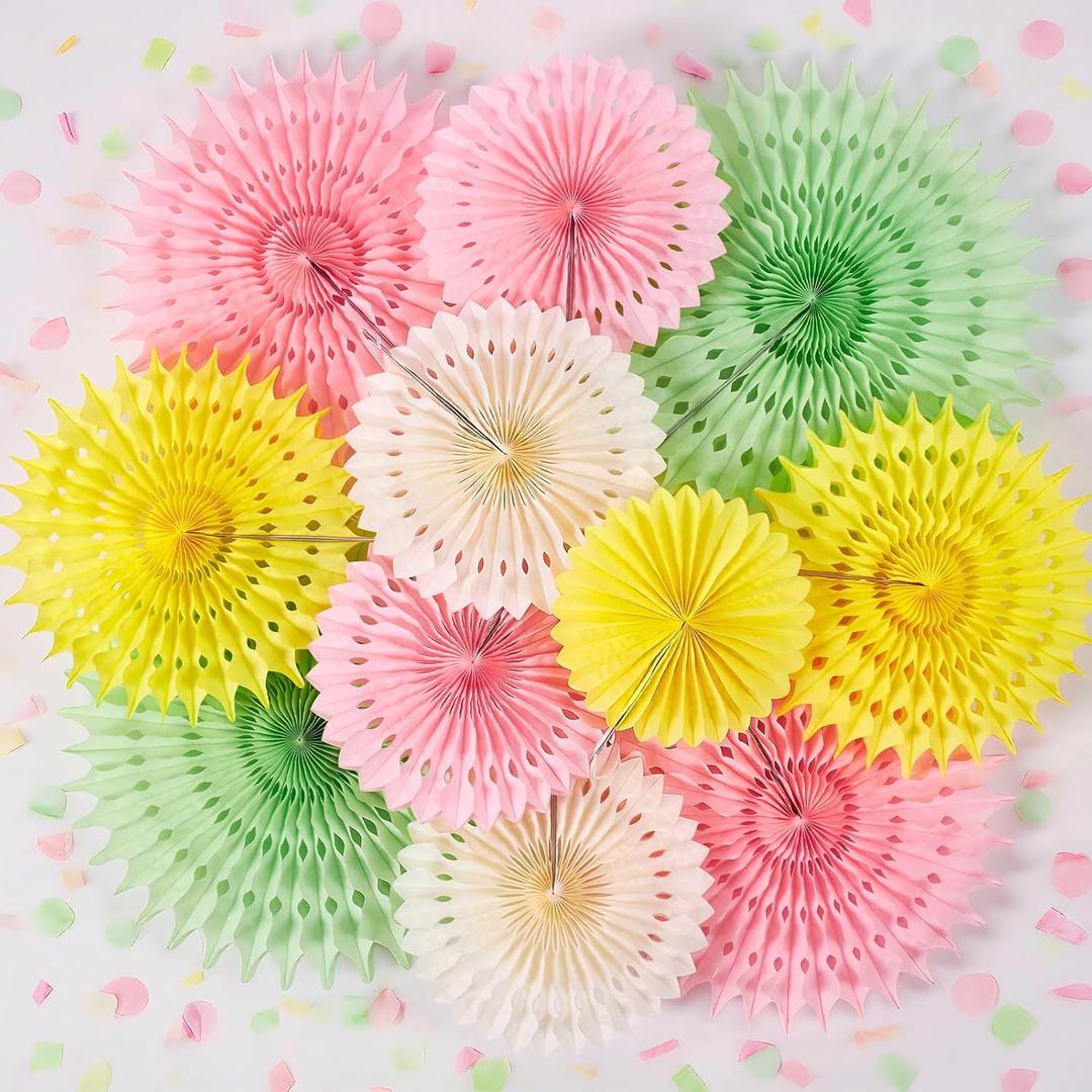 SUNBEAUTY 11Pcs Pastel Paper Fans Party Decorations for Wall, Yellow Pink Green Colorful Hanging Large Wall Fan Spring Summer for Birthday Party Bachelorette Anniversary Wedding Photo Booth Backdrop (Macarons Set - 11)