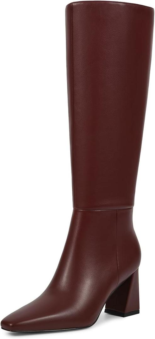 ISNOM Burgundy Boots for Women Knee High Boots Chunky Tall Boots for Women, Square Toe Long Boot Burgundy Winter Fall Boot with Full Zipper Fashion Leather Boot, Size 8.5