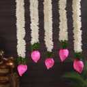 Set of 5 Artificial Jasmine Garland Toran with Lotus Buds, 13 Inch Strings Jasmine Garland Toran with Lotus Buds for Pooja Decoration Wall Hanging for Ganesh Chaturthi, Diwali & Festive Decor