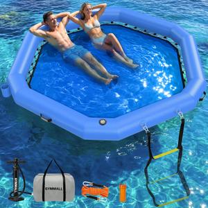 8FT Hexagon Inflatable Water Hammock wit Mesh Center, Floating Dock Heavy Duty PVC Lake Floats Platform with Cup Holders, Portable Floating Island with Carry Bag for Pool, River & Ocean