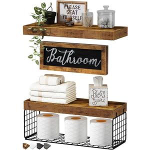 QEEIG Bathroom Shelves Over Toilet - Paper Storage Wall Mounted Farmhouse Decor Decorations Aesthetic Dcor Sign Small Floating Shelf 2+1 Set 16 inch, Rustic Brown (020BN)