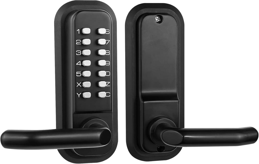 Outdoor Keyless Lock with Adjustable Deadlatch 2-3/8'' and 2-3/4'',Mechanical Combination Door Lock with Keypad, Sunscreen Waterproof Keyless Gate Locks for Outdoor Fence with Handle (Black)