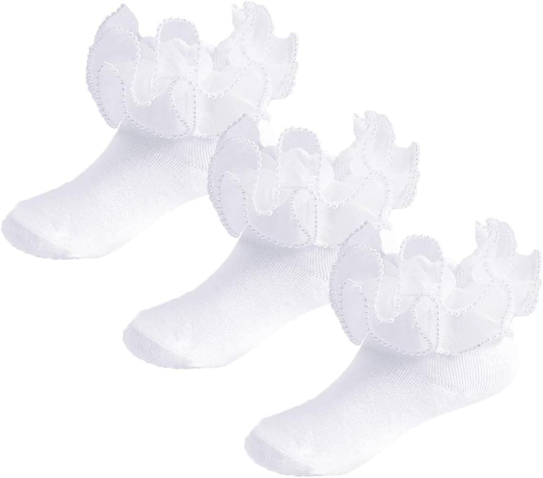 Yenzat Girls Ruffle Socks Pearls Lace Socks for Toddler Little Girls Frilly Dress 3 Pairs (White)