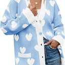 Saodimallsu Womens Oversized Heart Cardigan Color Block V Neck Button Long Sleeve Chunky Valentines Sweaters (Blue, L)