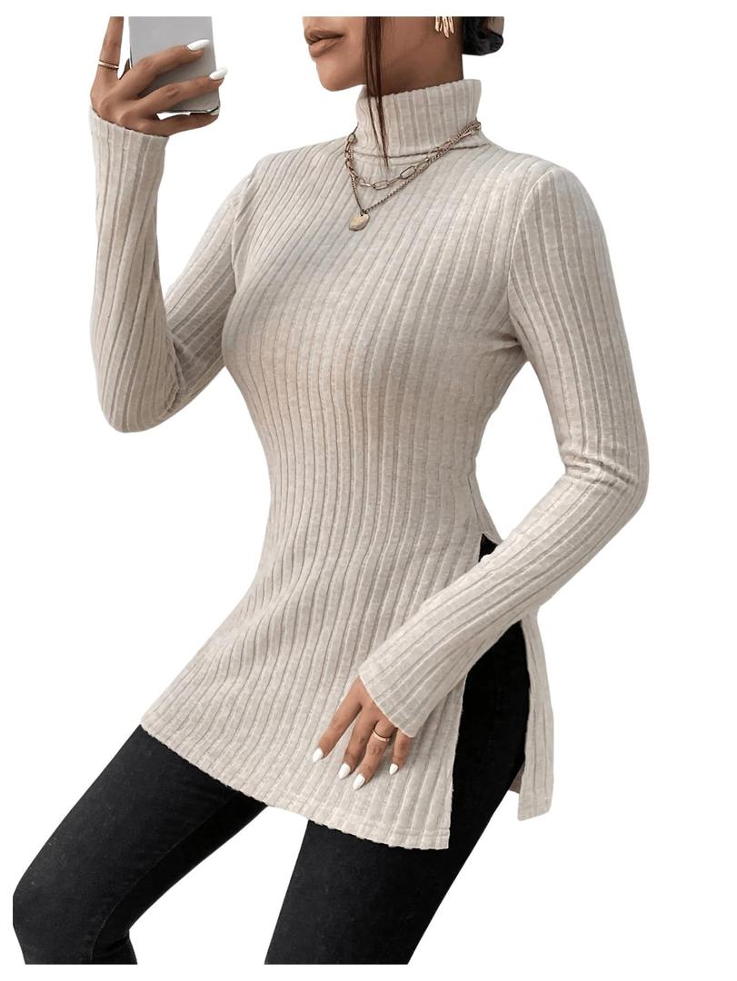 SOLY HUX Women's Long Sleeve Tops Casual Basic Turtle Neck Split Hem T-Shirts Fitted Tees White L (Beige, L)