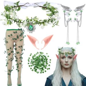 Tondiamo 6 Pcs Halloween Fairy Elf Accessories Renaissance Medieval Costume Outfits Elf Crown Headpiece Fairy Ears Woodland Earrings Cuffs Green Mesh Socks Leaf Vines Cosplay Jewelry Set for Woman