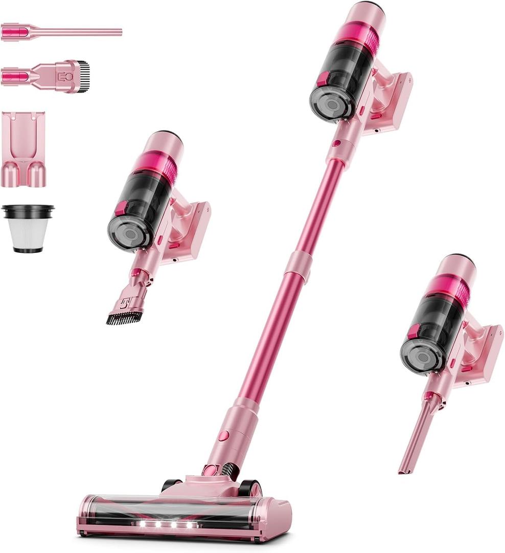 Cordless Cleaner Vacuum for Home: 6-in-1 Stick Vacuum with Anti-Tangle Brush, Self-Standing, HD Display, Rechargeable Vacuum for Pet Hair-Dark Pink