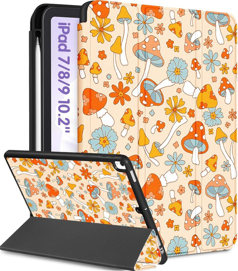 for iPad 9th/8th/7th Generation Case 10.2 Inch Girls Cute Kids Women Folio Smart Cover Pencil Holder Mushroom Aesthetic Design Girly Kawaii Teens Cases for iPad 7/8/9 Gen A2602 A2270 A2197