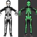 Sicypoty Kids Skeleton Costume Glow in The Dark Halloween Bone Bodysuit with Skeleton Hood Mask Black (8-10 Years)