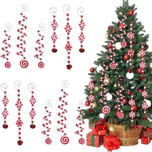 Roundfunny Christmas Candy Hanging Ornaments 12 Pcs Christmas Bells Curly Pick Plastic Lollipop Tree Topper Decor for Xmas Crafts Home Indoor Outdoor Holiday Party (Red and White)