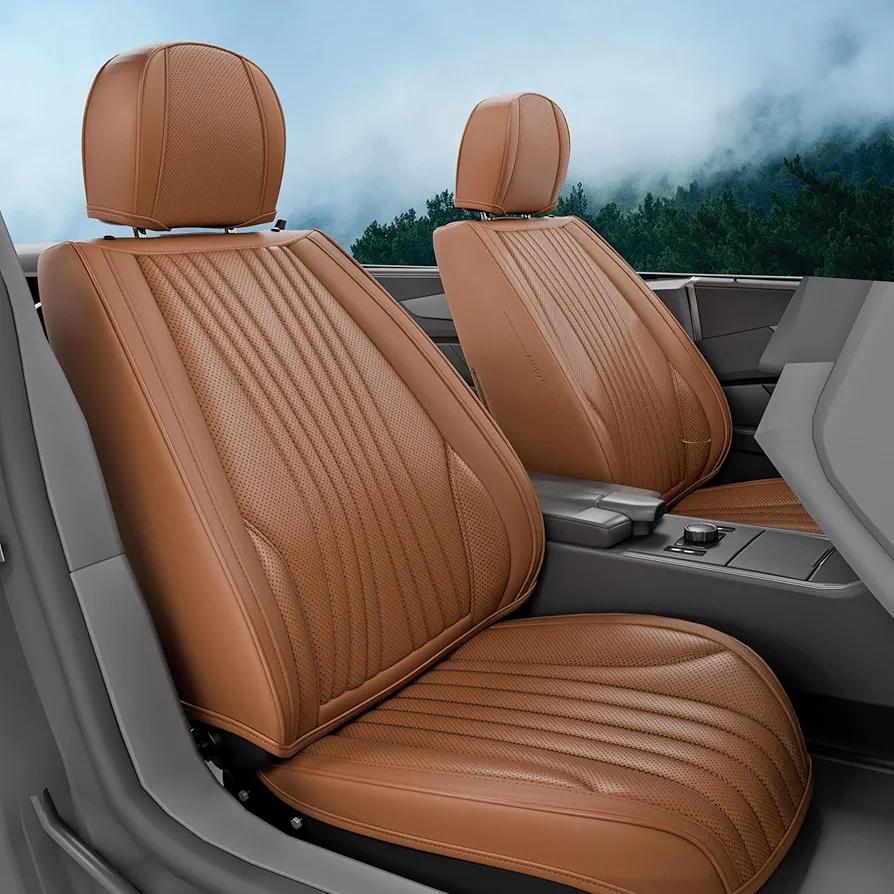 5 Pieces LB Front and Rear Car Seat Covers, Waterproof Nappa Leather Full Set Car Seat Protectors, Universal Auto Interior Fit for Sedans SUV Pick-up Truck, Cocoa Brown