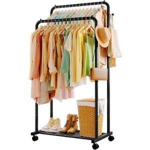 Clothes Rack - Double Rods Clothing Rack with Mesh Shelf, Hooks & Wheels, Metal Clothing Racks for Hanging Clothes & Bags, Multifunctional Garment Rack for Laundry, Black, 28.7" x 16.5" x 59.1"